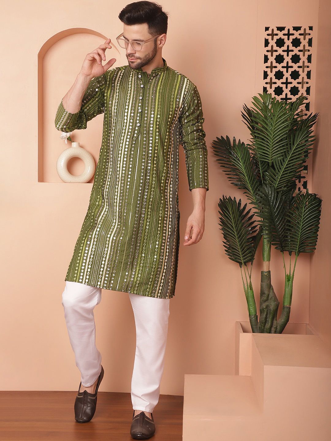 Jompers Geometric Embroidered Regular Mirror Work Straight Kurta With Pyjamas