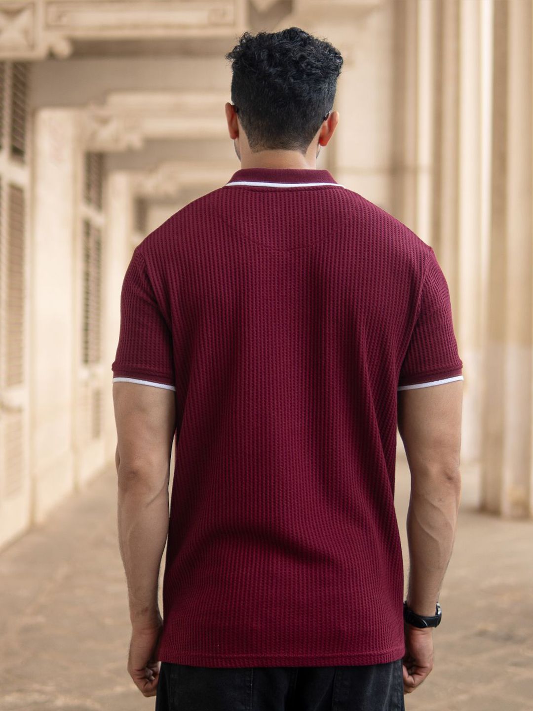 Powerlook Men Maroon Self Design Structured Polo Collar T-shirt