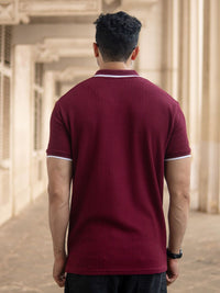 Powerlook Men Maroon Self Design Structured Polo Collar T-shirt