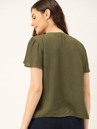 DressBerry Women Olive Green Crinkled Solid Top