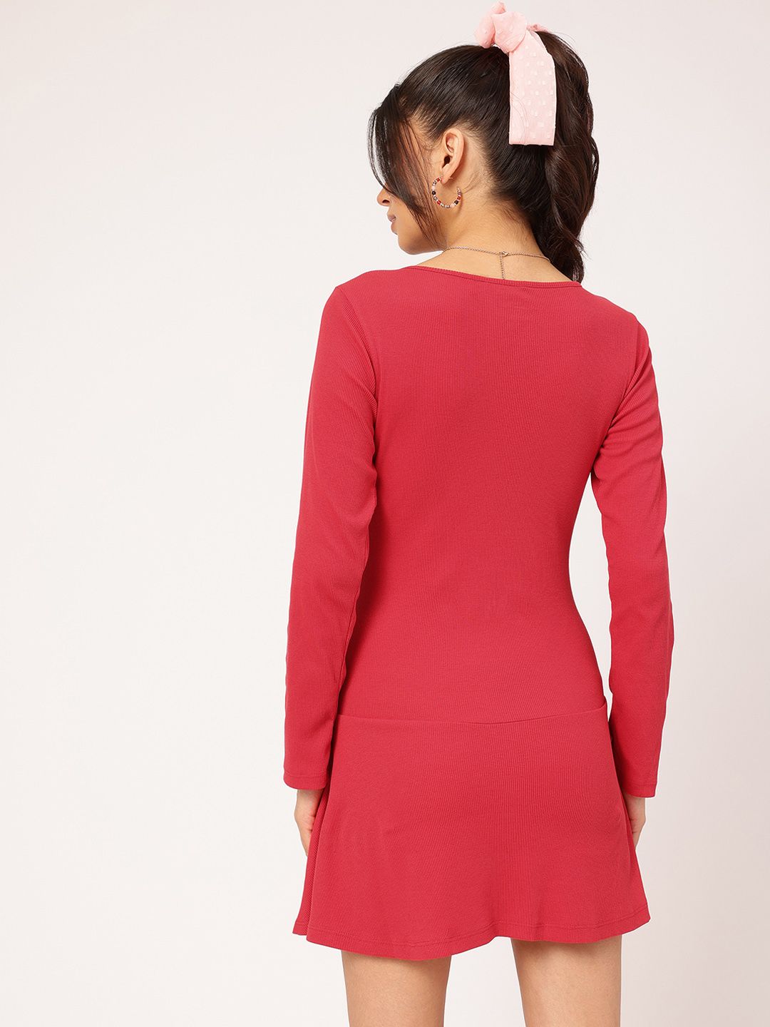 DressBerry Cheery Red Minimalist Kawaii Ribbed Drop-Waist Mini Dress
