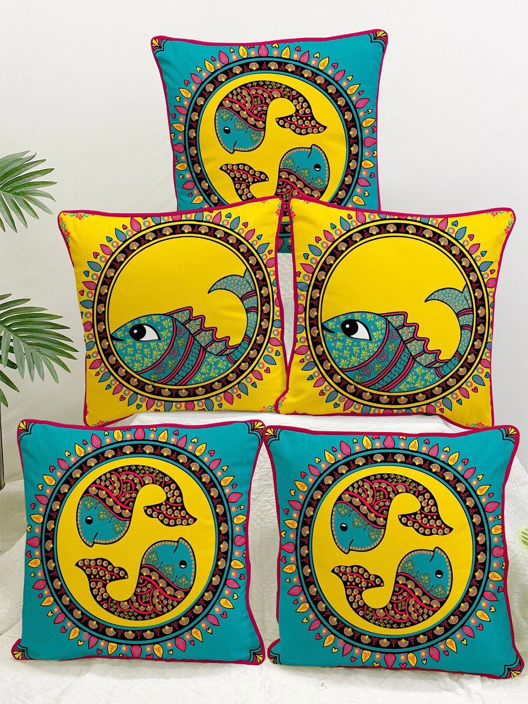 STITCHNEST Blue & Yellow Set of 5 Ethnic Motifs Velvet Square Cushion Covers