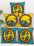 STITCHNEST Blue & Yellow Set of 5 Ethnic Motifs Velvet Square Cushion Covers