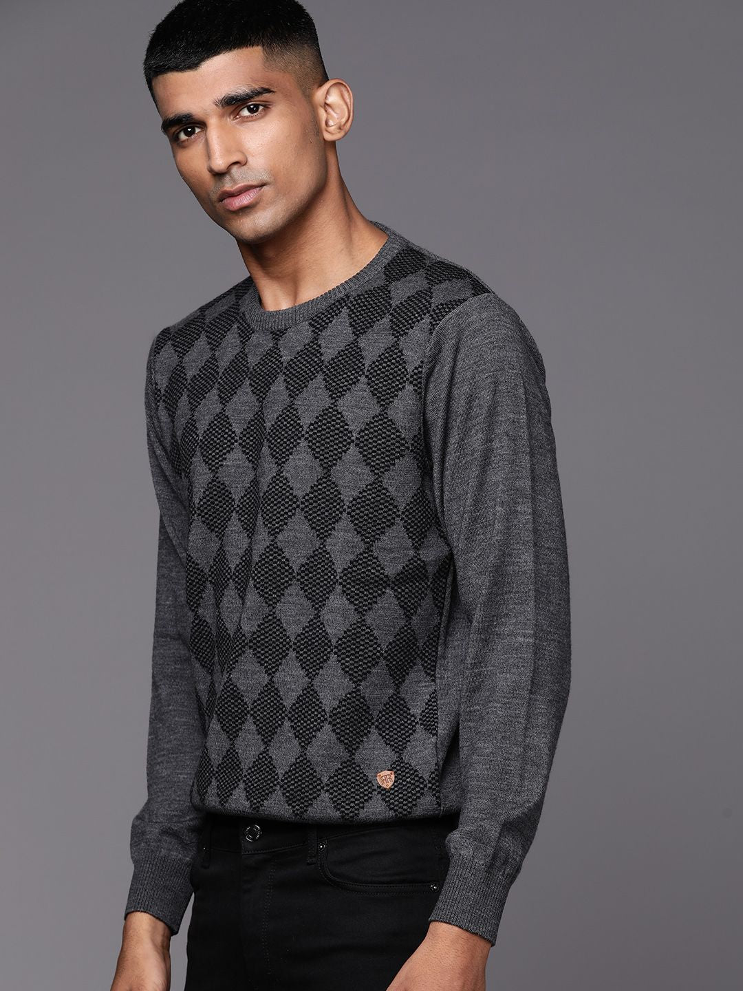 Raymond Men Grey & Black Checked Pullover