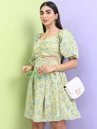 Tokyo Talkies Off White Abstract Printed Puff Sleeves Cut-Out Detailed Fit & Flare Dress
