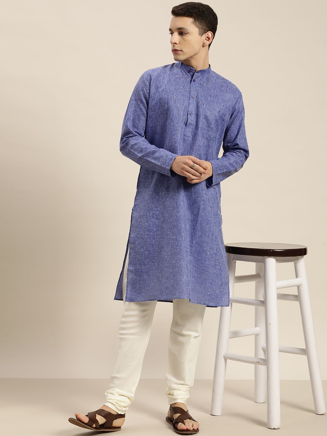SOJANYA Men Blue Dobby Straight Kurta