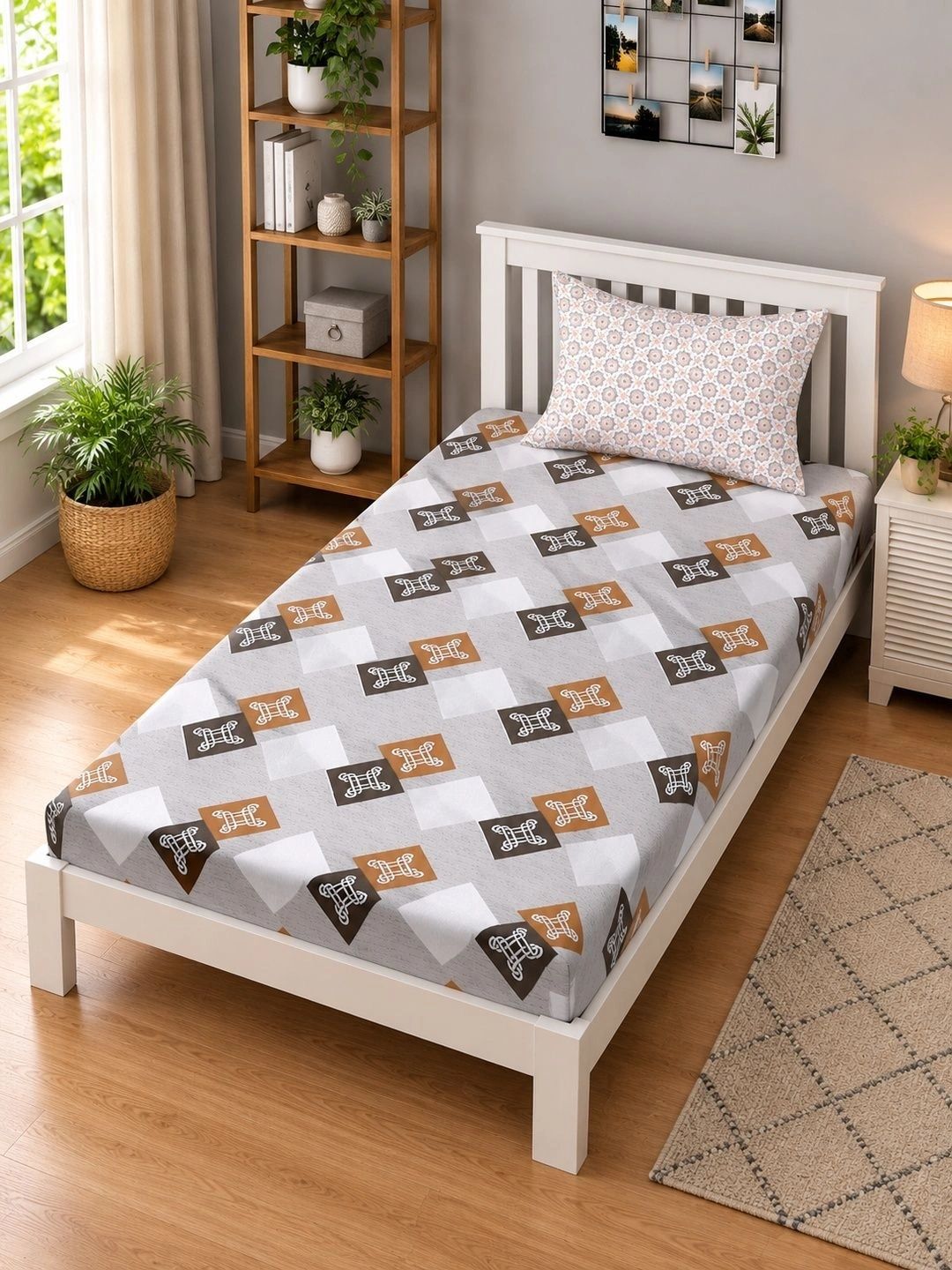 Moda Rapido X KLOTTHE Grey & Brown Printed Pure Cotton Single Bedsheet With Pillow Covers