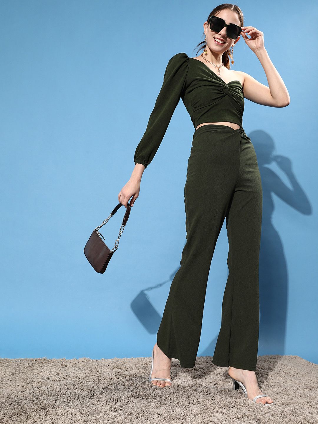 Dressberry Solid One Shoulder Bishop Sleeves Twisted Fitted Crop Top