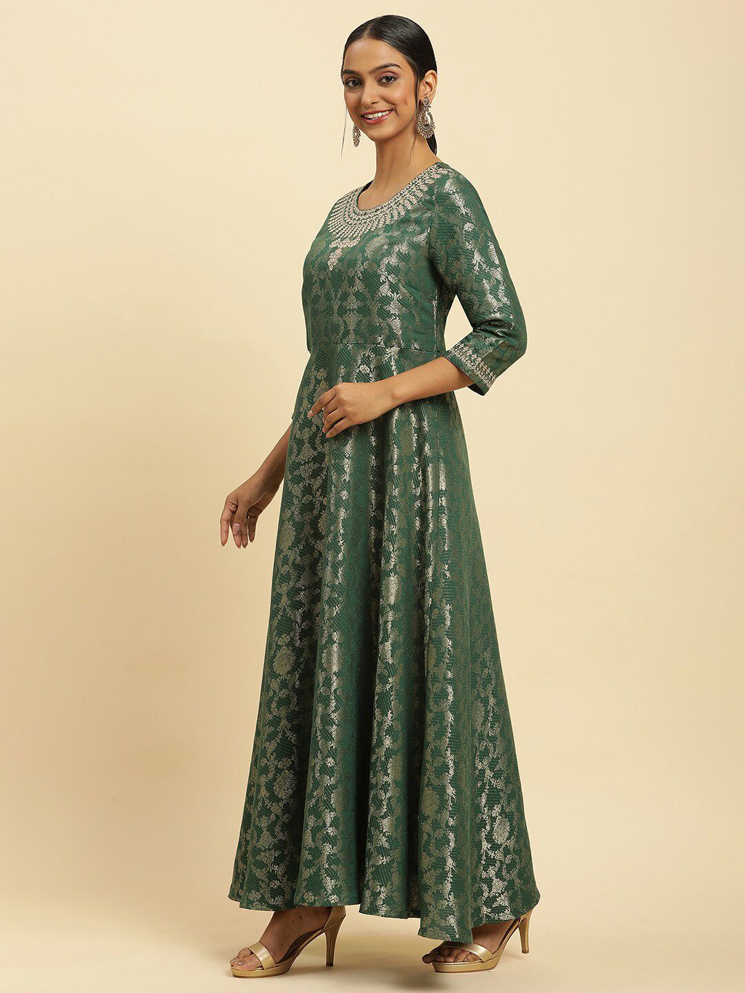 W Green Floral Woven Design Round Neck Gathered Fit & Flare Maxi Ethnic Dress