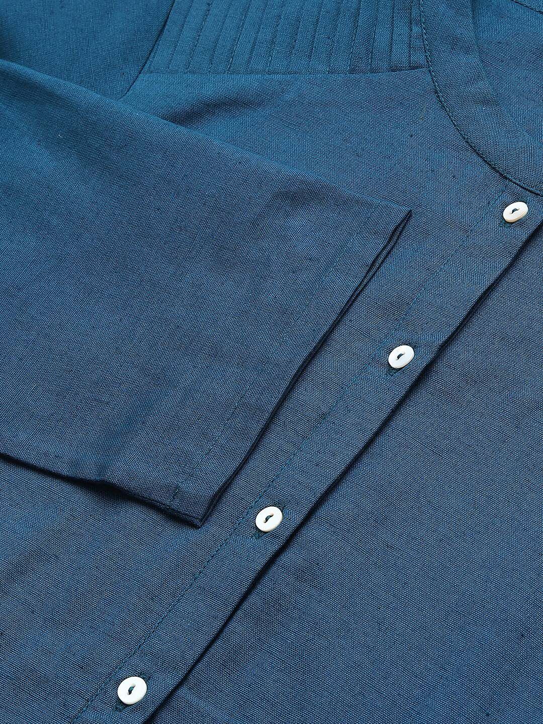 W Blue Mandarin Collar Roll-Up Sleeves Pathani Kurta