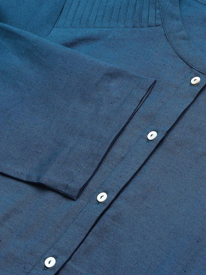 W Blue Mandarin Collar Roll-Up Sleeves Pathani Kurta