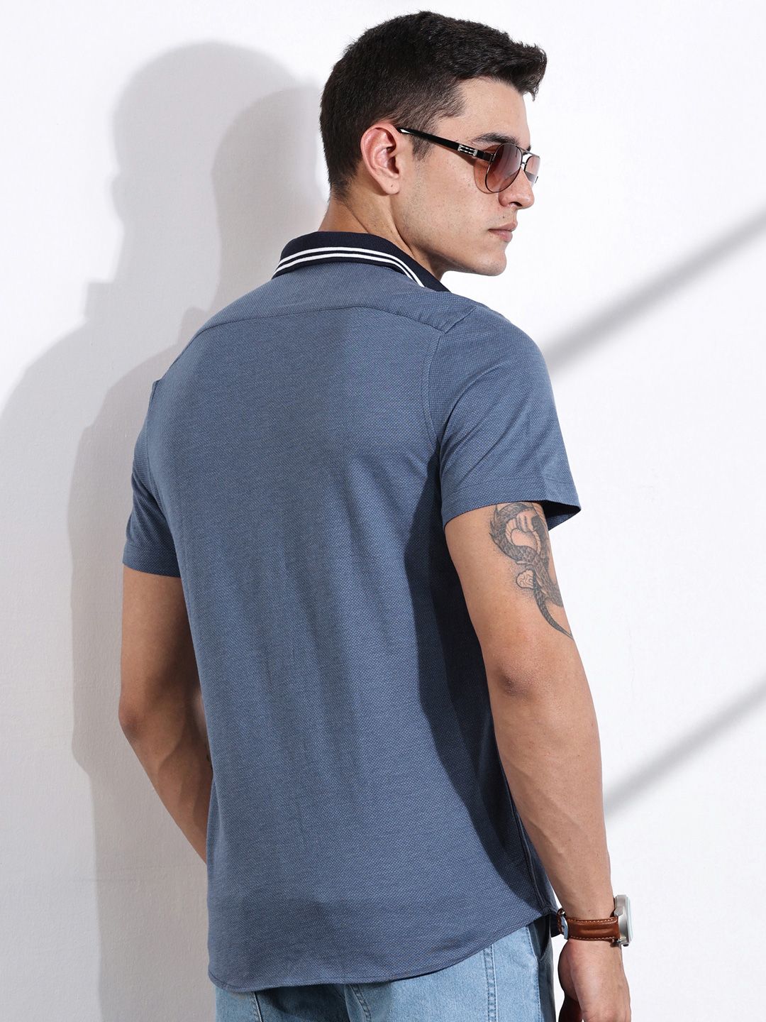 Thomas Scott Men Classic Slim Fit Spread Collar Solid Cotton Knitted Shirt