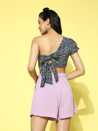 Berrylush Purple Floral Print One Shoulder Puff Sleeves Crepe Styled Back Crop Top