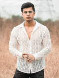 Powerlook White Textured Self Design India Slim Pure Cotton Sheer Crochet Shirt