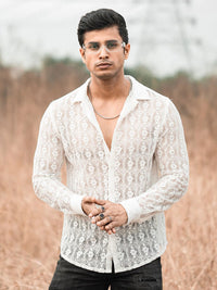 Powerlook White Textured Self Design India Slim Pure Cotton Sheer Crochet Shirt