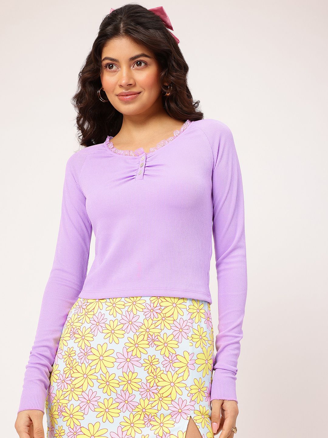 Enchanted Lilac Lacey Whispers Ruched Textured Fitted Top