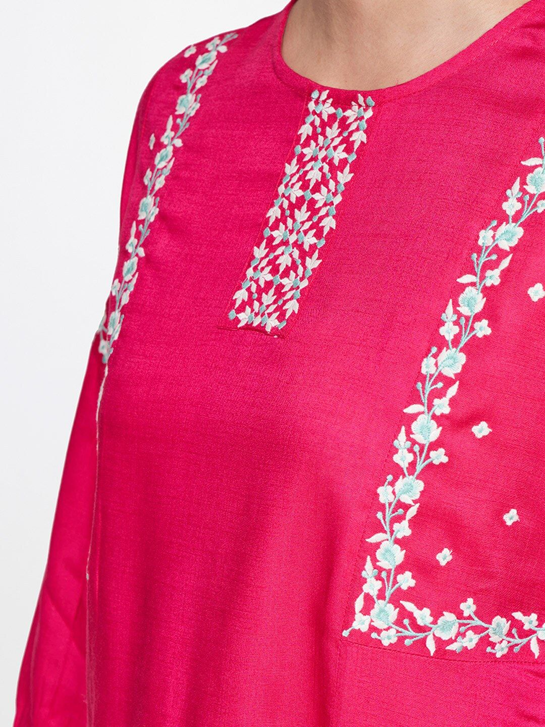 Global Desi Floral Embroidered Puff Sleeves Top