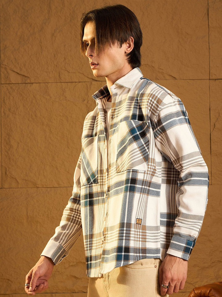 DENNISON Men Double Pocket Drop Shoulder Oversized Cotton Checked Shacket