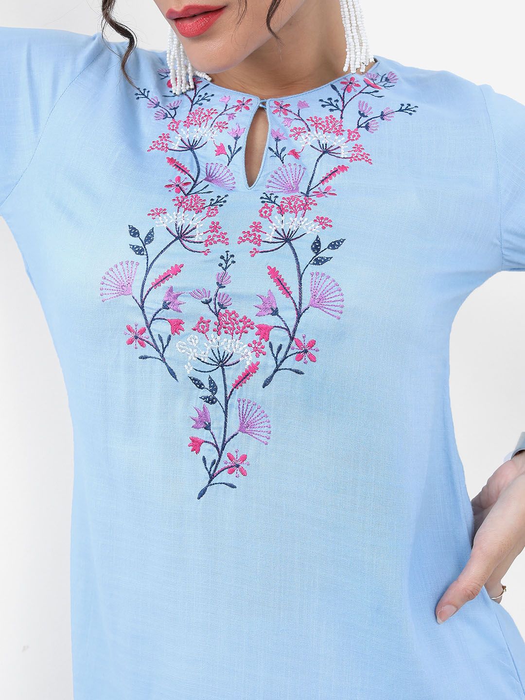 Vishudh Blue Floral Embroidered Keyhole Neck Straight Kurta With Palazzos