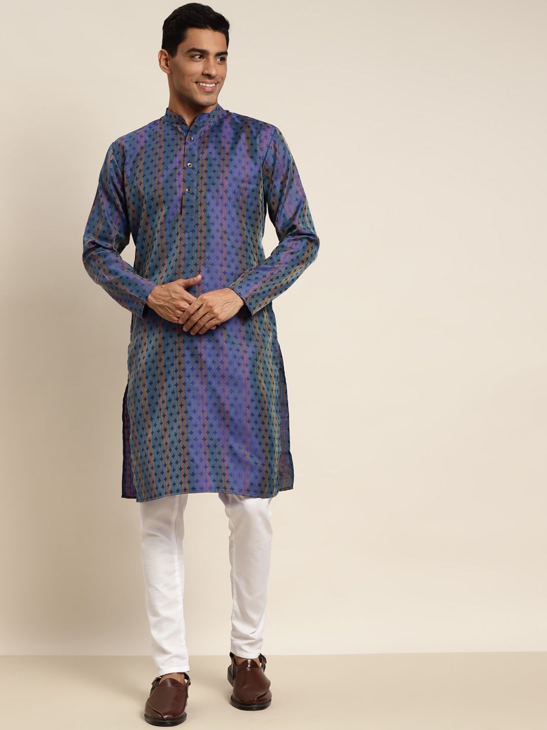 SOJANYA Men Blue Self Design Silk Blend Kurta