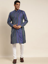 SOJANYA Men Blue Self Design Silk Blend Kurta