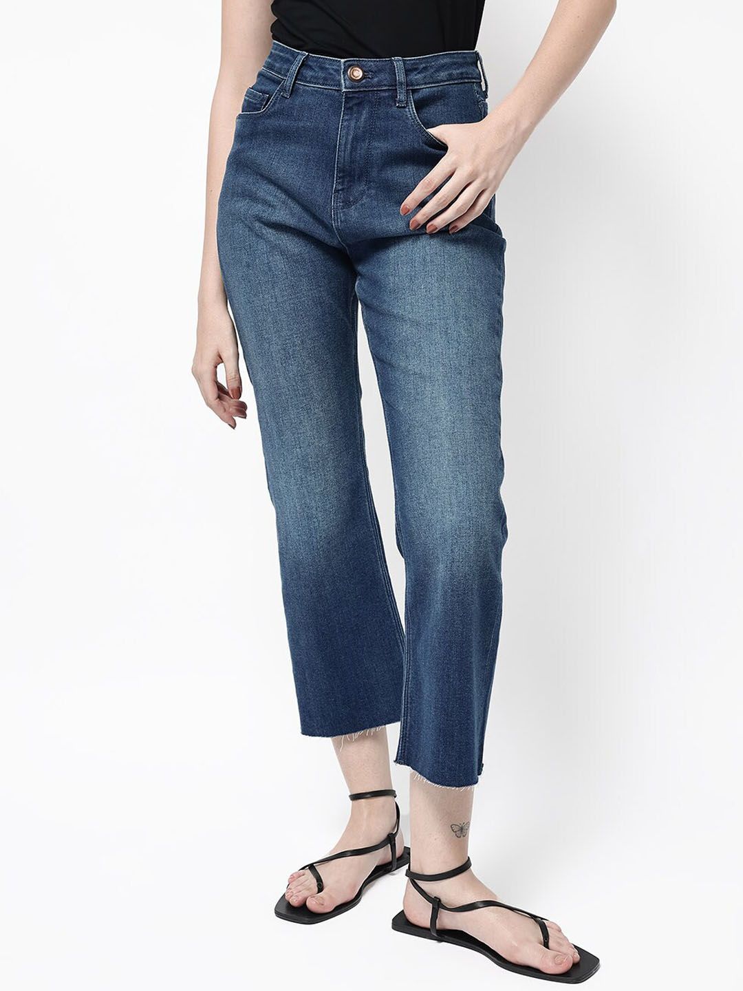 RAREISM Women Comfort Flared High-Rise Light Fade Stretchable Cropped Jeans