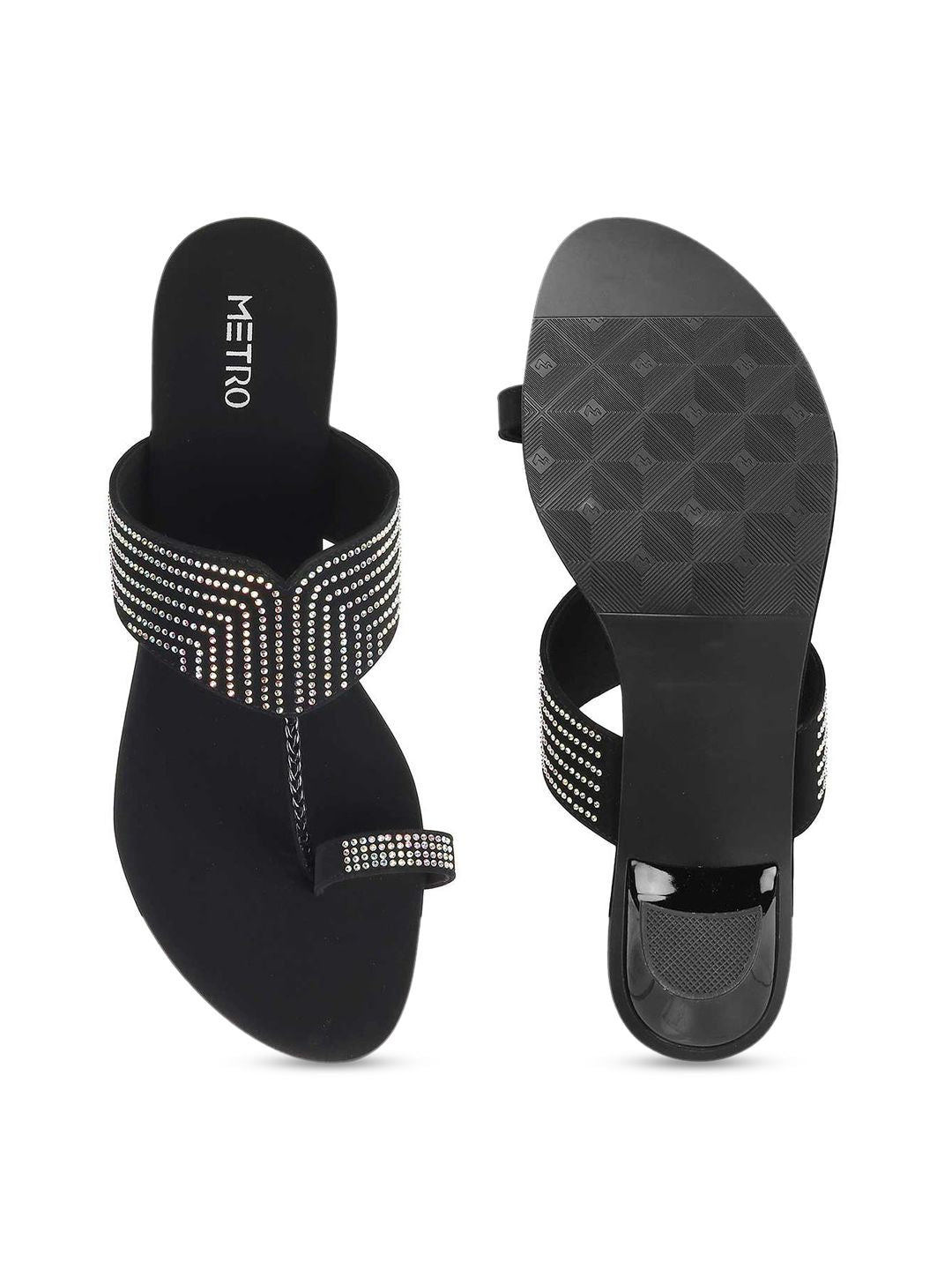 Metro Black & Silver-Toned Embellished Block Heels