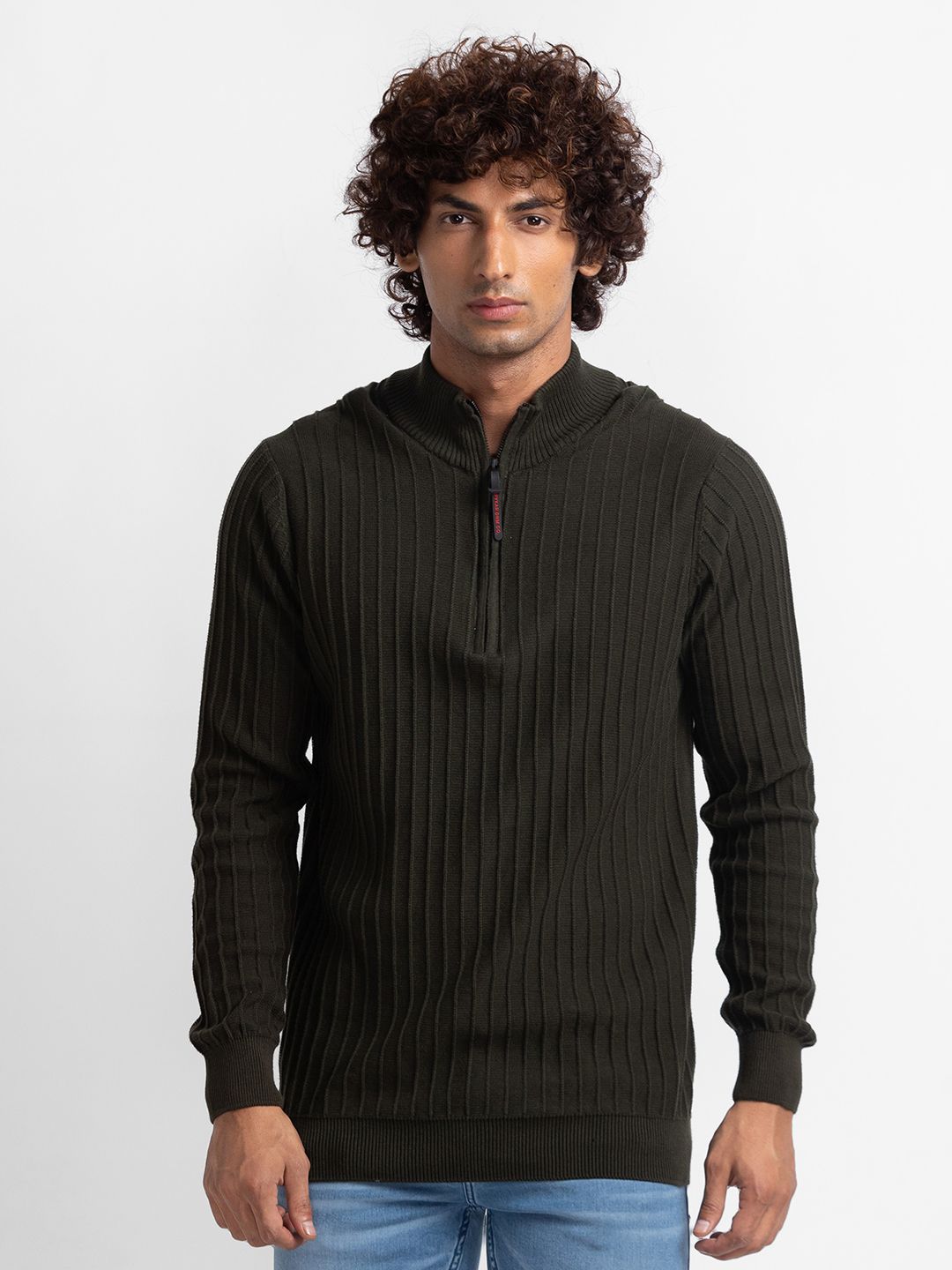 SPYKAR Pure Cotton Mock Collar Cable Knit Pullover Sweater