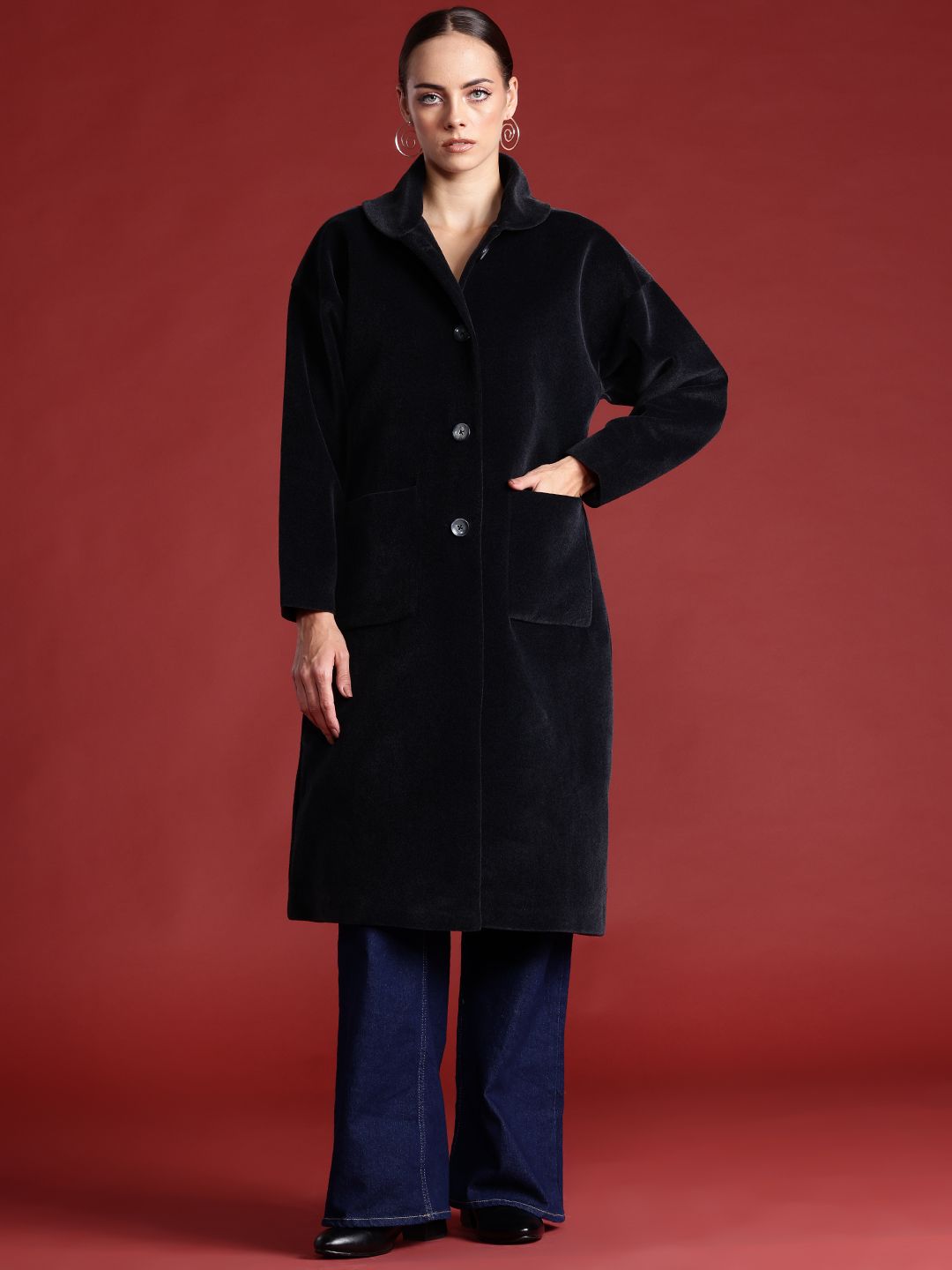 all about you Single Breasted Longline Velvet Finish Overcoat