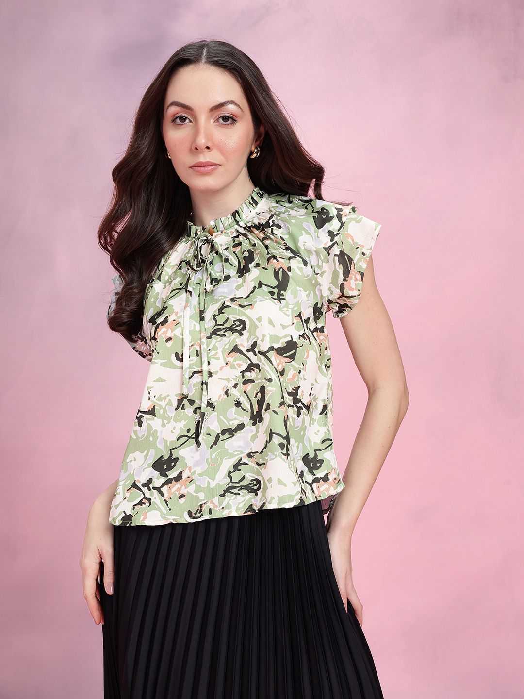 DressBerry Abstract Print Tie-Up Neck Flutter Sleeves Top with Ruffled Detail