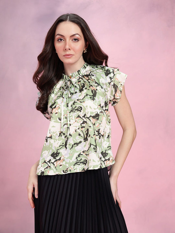 DressBerry Abstract Print Tie-Up Neck Flutter Sleeves Top with Ruffled Detail