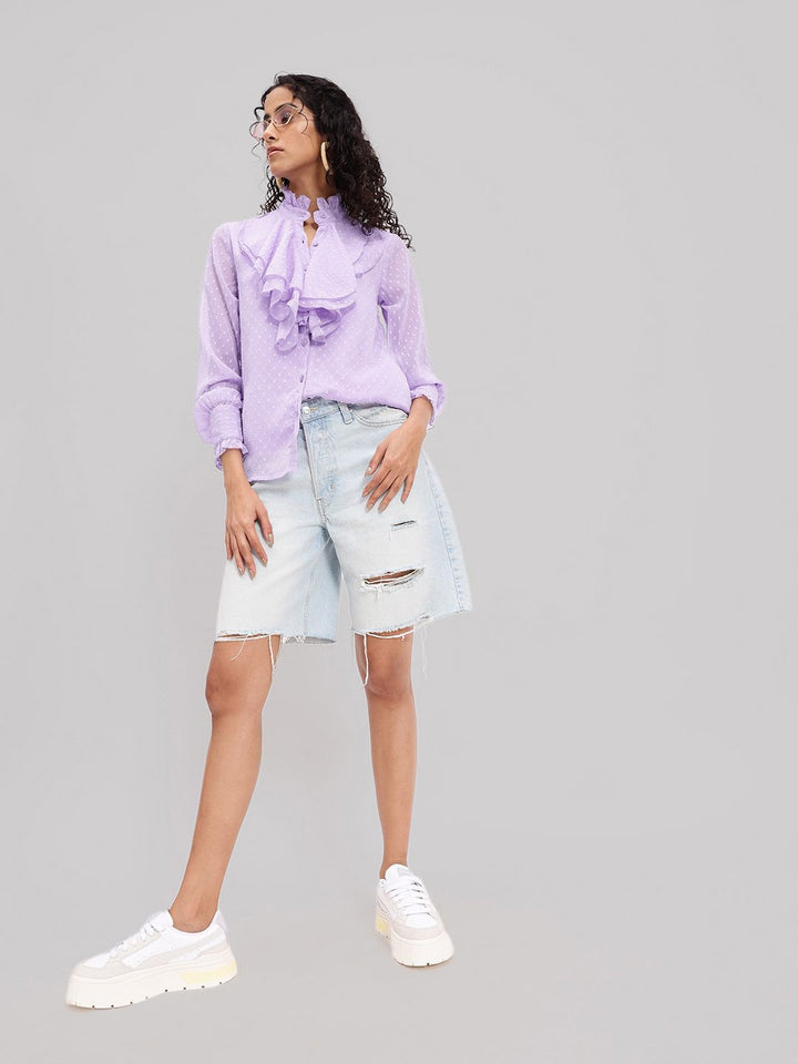 DressBerry Dobby Texture Flounced Cuffed Sleeve Shirt Style Top