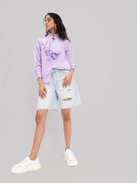 DressBerry Dobby Texture Flounced Cuffed Sleeve Shirt Style Top