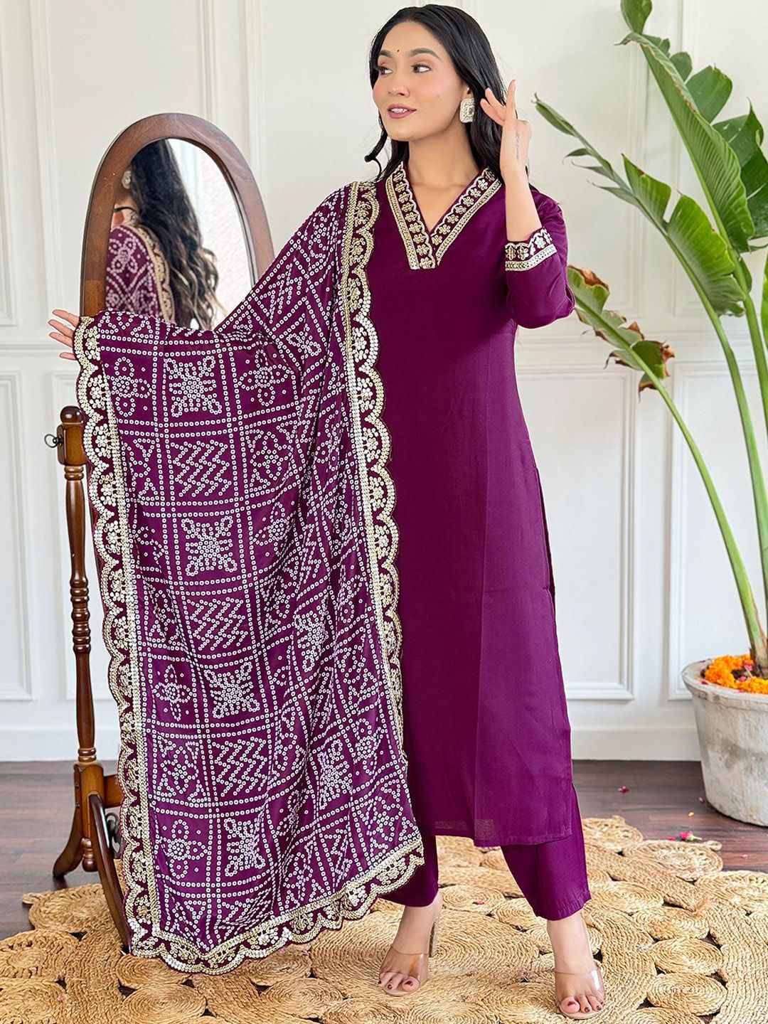 KALINI V-Neck Yoke Design Sequinned Straight Kurta with Trouser & Dupatta