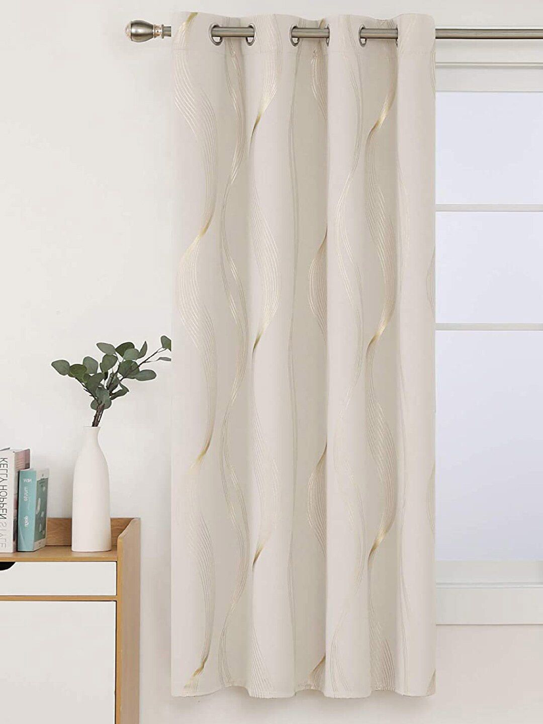 URBAN SPACE Gold Foil Beige & Gold-Toned Printed Cotton Black Out Window Curtain