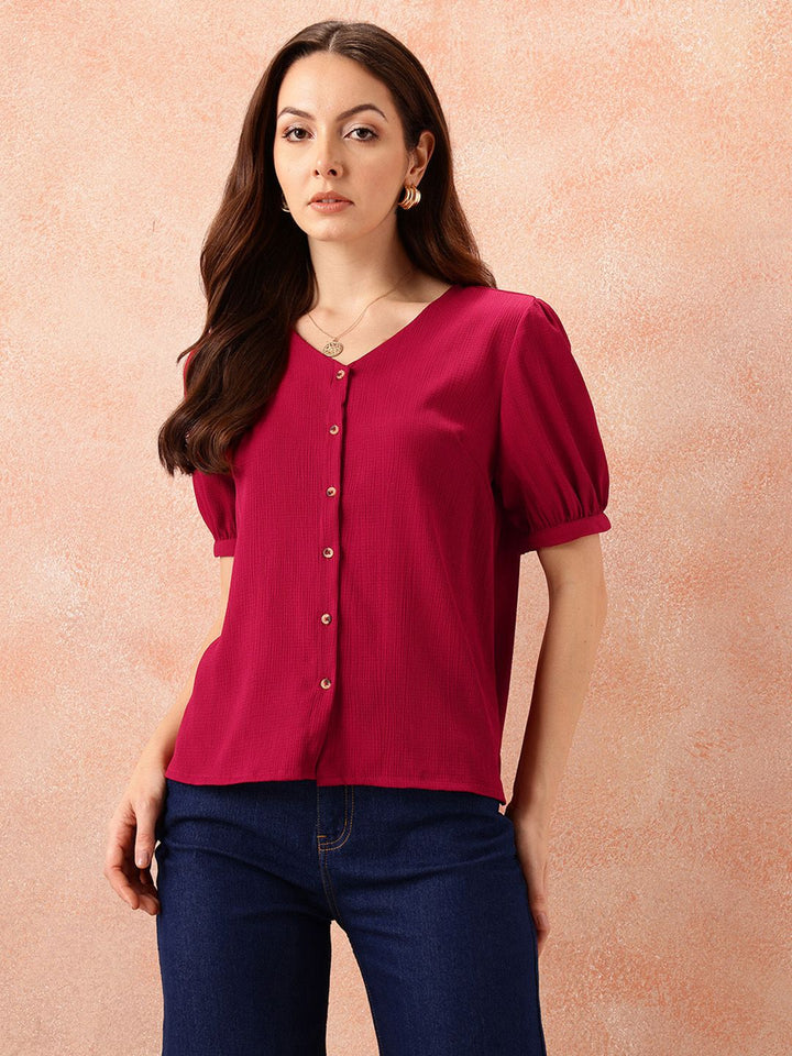 all about you Textured Puff Sleeves Top