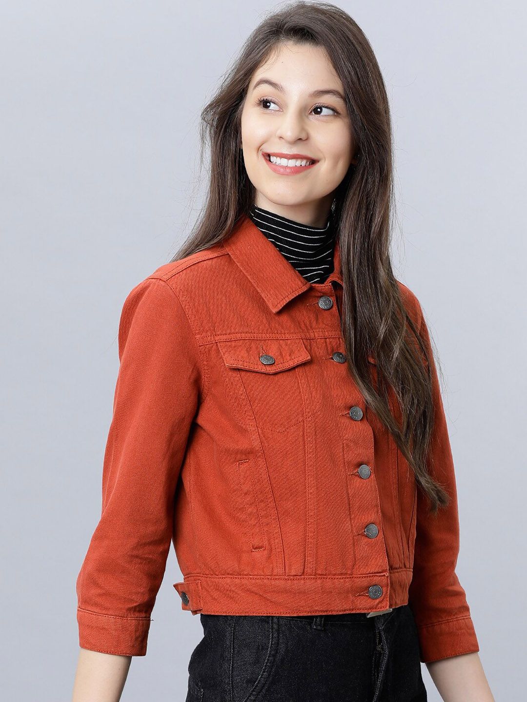 Tokyo Talkies Women Rust Orange Solid Cotton Crop Denim Jacket