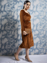 Athena Brown Sweetheart Neck Embellished Detailed A-Line Midi Dress