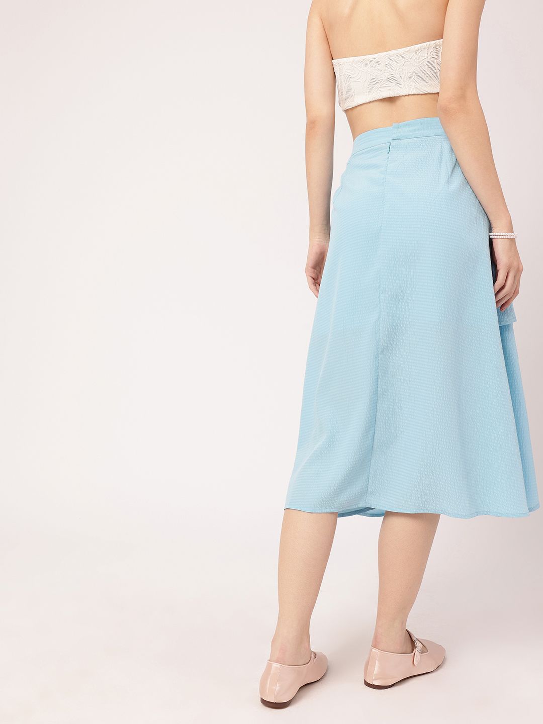 Playful Feminine Seersucker Side Slit A-Line Midi Skirt