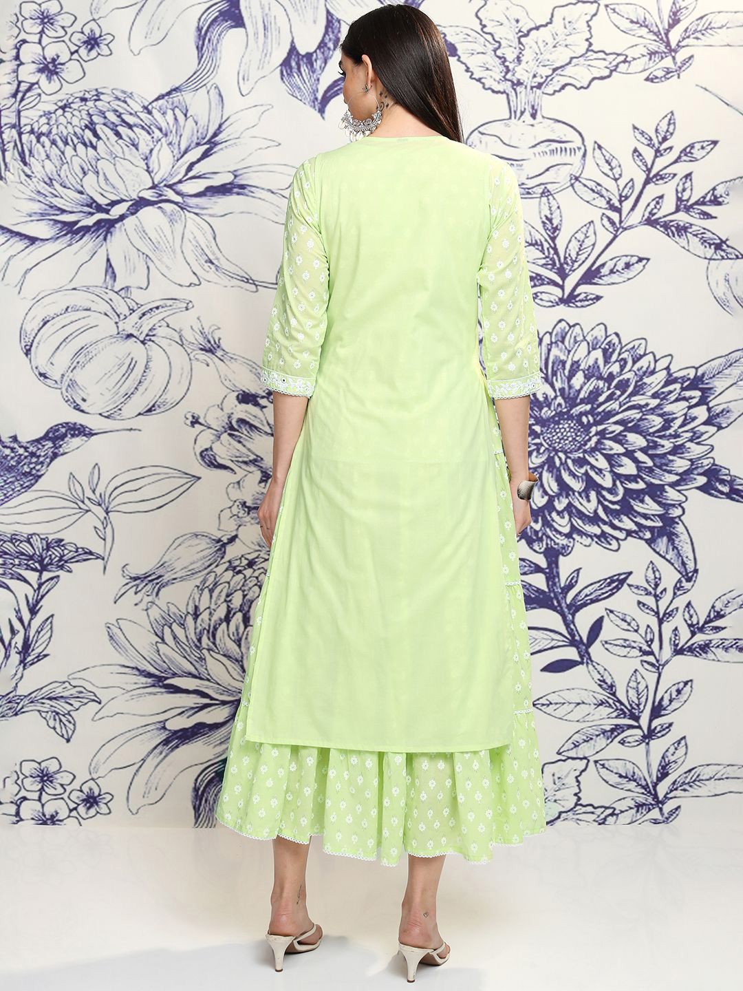 Vishudh Green Embroidered Cotton Tiered A-Line Midi Ethnic Dress With Shrug