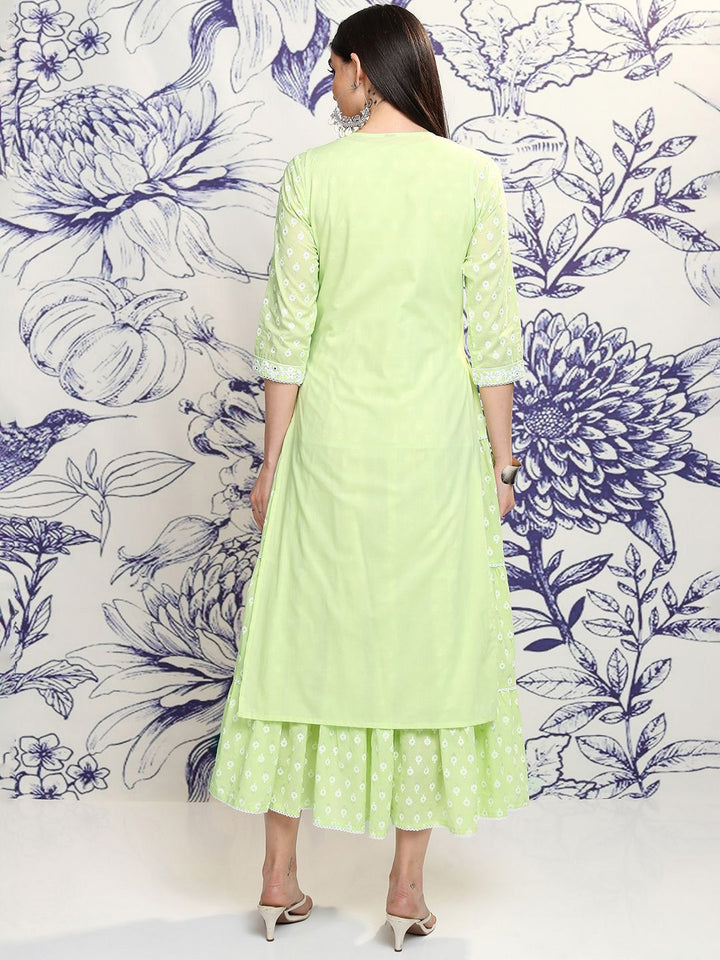 Vishudh Green Embroidered Cotton Tiered A-Line Midi Ethnic Dress With Shrug