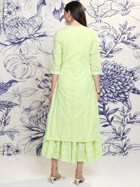 Vishudh Green Embroidered Cotton Tiered A-Line Midi Ethnic Dress With Shrug
