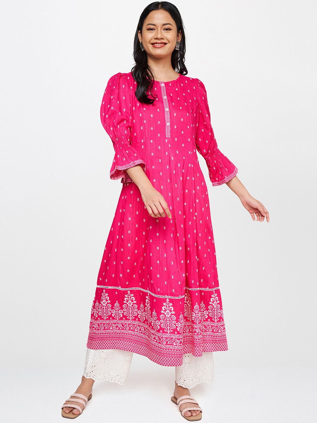 Global Desi Women Pink Printed Bell Sleeves Anarkali Kurta