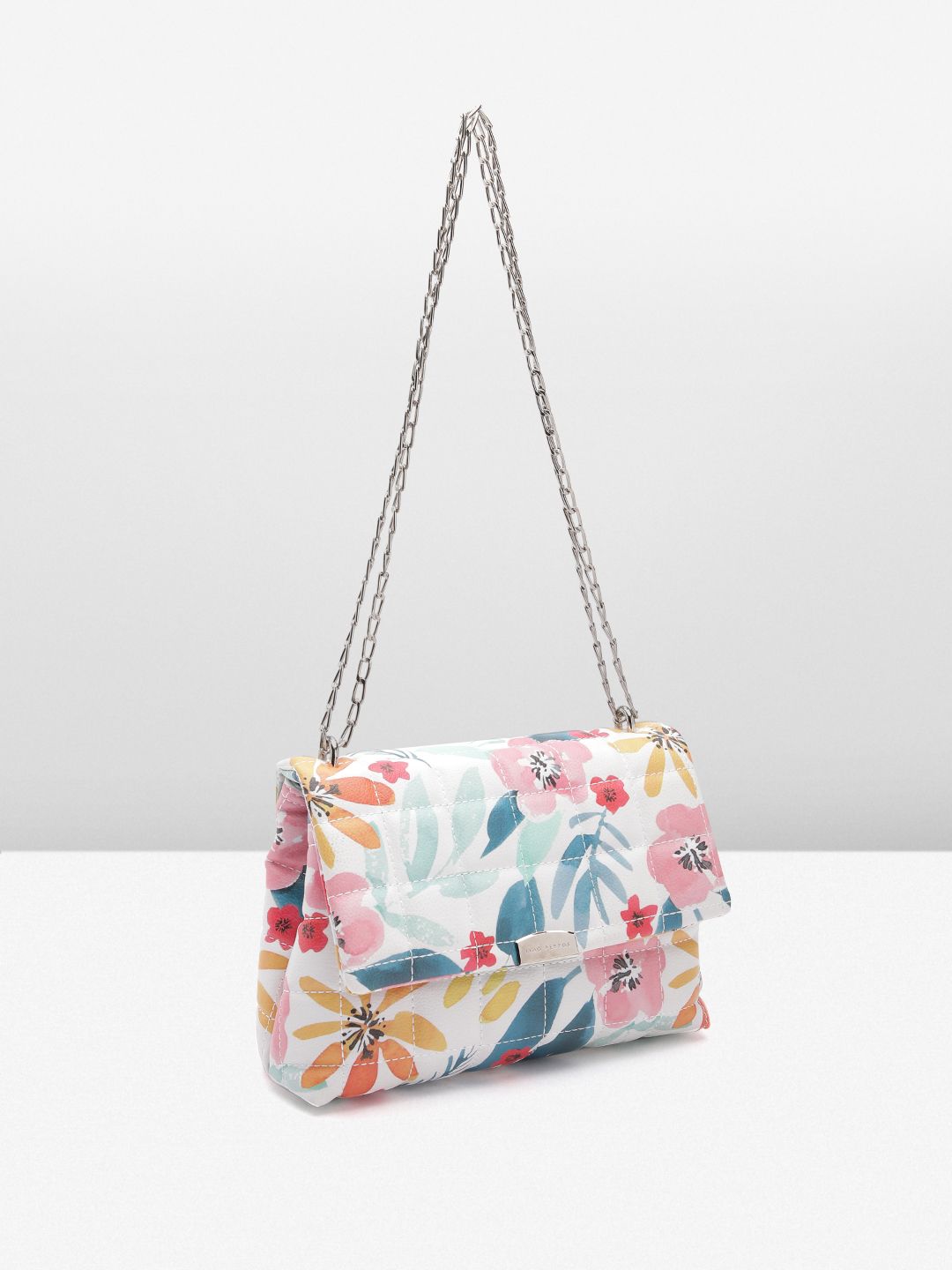 Lino Perros Floral Printed Structured Shoulder Bag with Quilted Detail