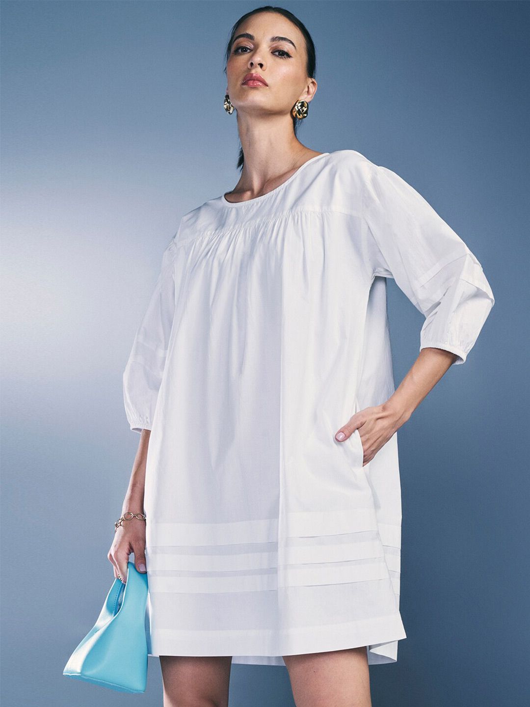AND Round Neck Three Quarter Puff Sleeves A-Line Cotton Dress