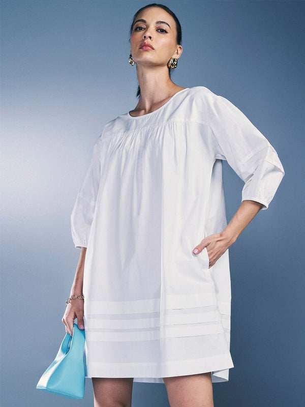 AND Round Neck Three Quarter Puff Sleeves A-Line Pure Cotton Dress