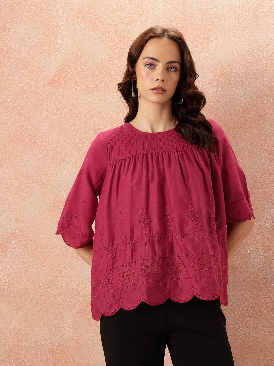 all about you Pin Tucks & Schiffli Embroidered A-Line Top