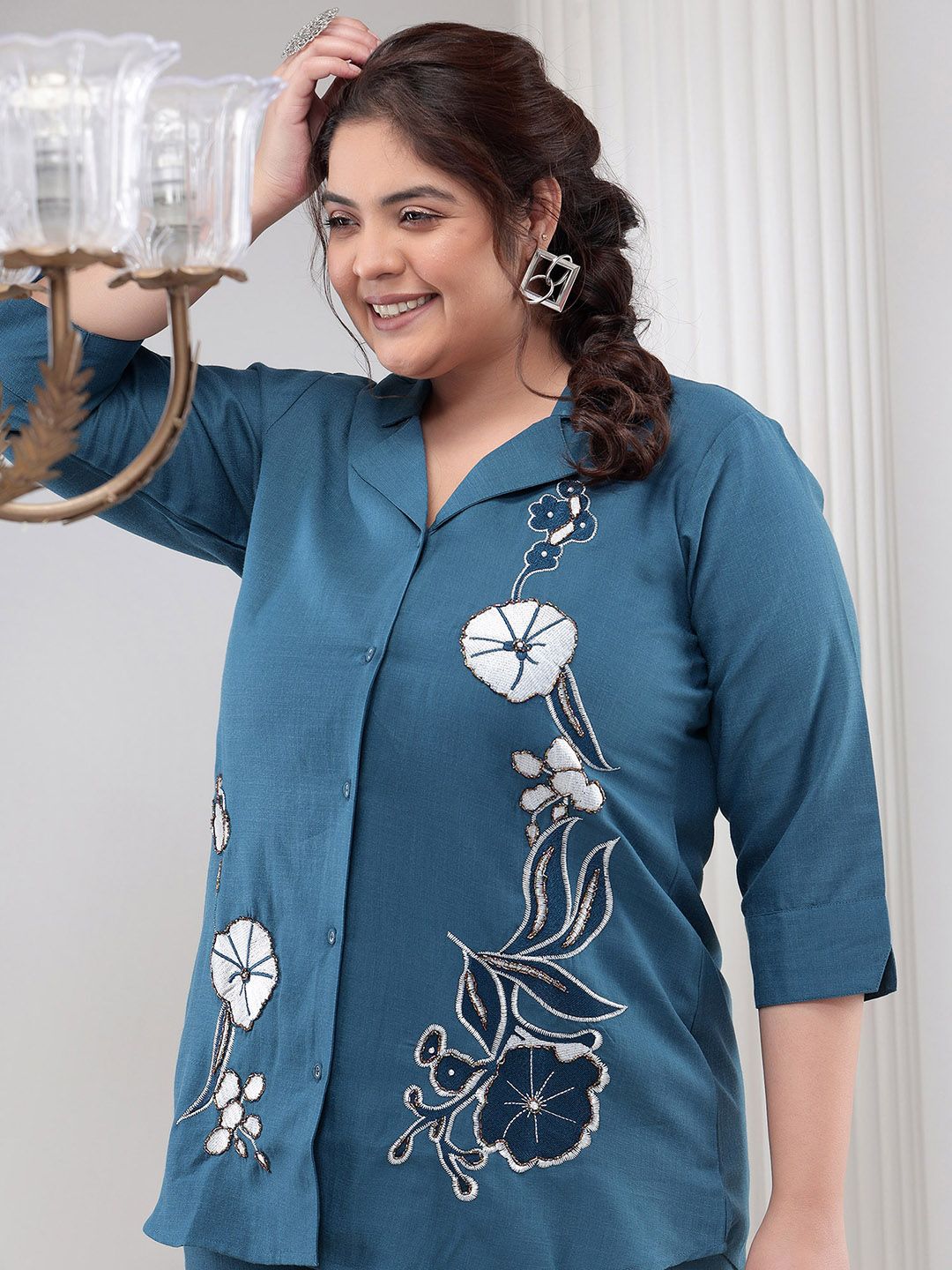 Bani Women Plus Size Floral Embroidered Shirt and Palazzos