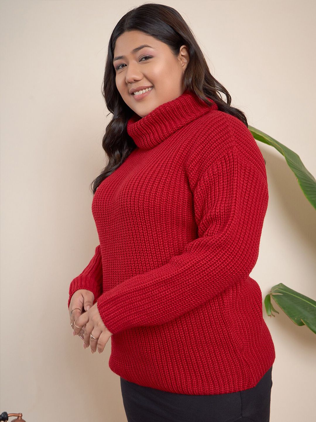 CURVY STREET Plus Size Ribbed Turtle Neck Pure Acrylic Pullover