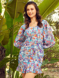 STREET 9 Blue Floral Printed Sweetheart Neck Puff Sleeves A-Line Dress